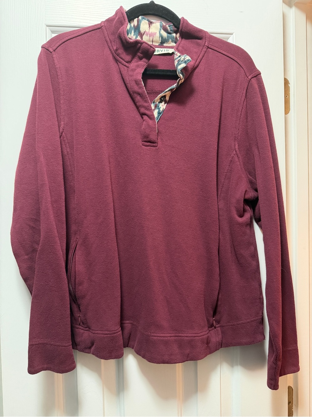 Orvis Women’s Burgundy Pullover XL – Patterned Collar & Zip Pockets